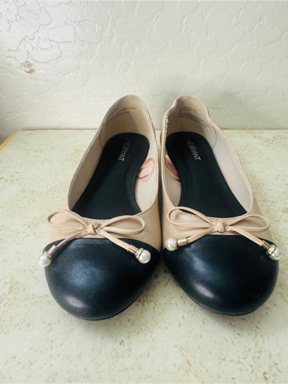 Lane Bryant Black and Beige Pearl-Accent Bow Flats